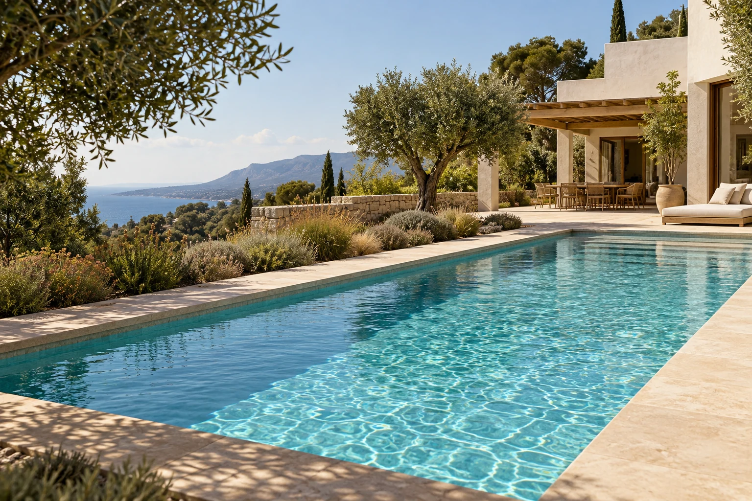 Concepto de piscina con agua turquesa, terraza de piedra clara y jardín mediterráneo